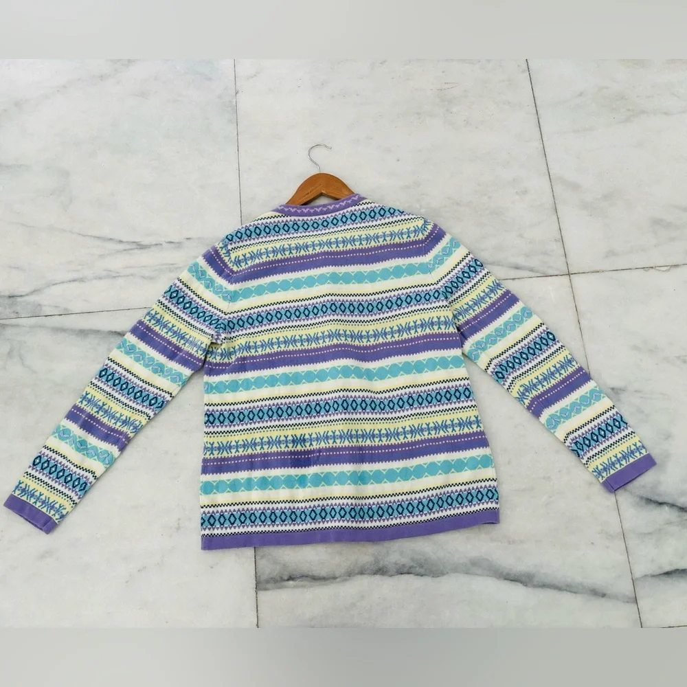The Tog Shop Cardigan Sweater Fair Isle Purple Ivory Sequin Knit Women M Holiday
